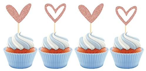 Sumerk 24PCS Glitter Rose Gold Heart Cupcake Toppers Heart Cupcake Picks Love Set Cake Decorations Wedding Birthday Party Supplies