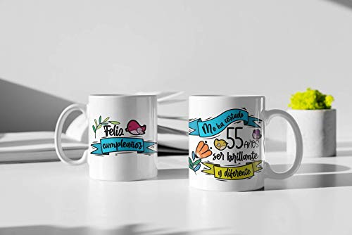 Taza 55 Años “Me ha costado 55 años ser brillante y diferente” – Regalo Original de Cumpleaños | Taza de Cerámica Personalizada | Apta para Microondas y Lavavajillas | 350 ml | Caja Lista para Regalar