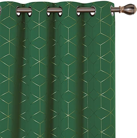 Deconovo Blackout Curtains, Gold Diamond Printed Eyelet Curtains, Thermal Insulated Curtains for Living Room, 46 x 72 Inch(Width x Length), Dark Forest, One Pair