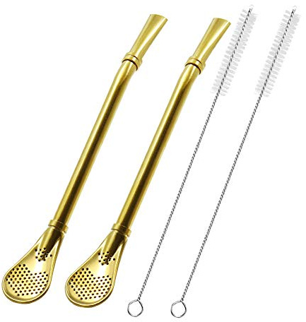 Edelstahl Trinkhalm Kürbis 2 Stück Mate Bombilla Loseblatt Tee Filter Löffel Rührstab für Eistee Kaffee Cocktail mit 2 Reinigungsbürste (Gold)