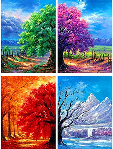 TOSRB 5D Diamond Painting Full Set, 4 Stück Diamant Painting Bilder mit Werkzeuge, DIY Diamant Malerei Erwachsene, Diamant Art für Home Wand-Decor(20 x 30 cm)-Vier Jahreszeiten Baum