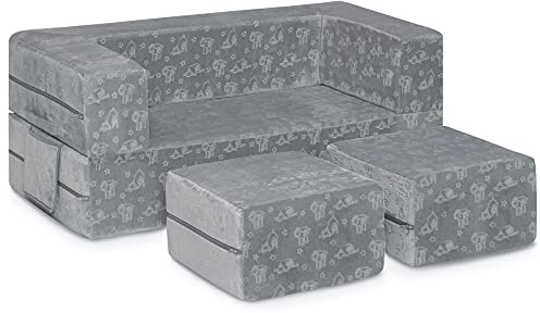 Delta Children Serta Perfect Sleeper Convertible Sofa & Play Set for Kids and Toddlers, Modular Foam Couch and Flip Out Lounger with 2 Ottomans, Grey
