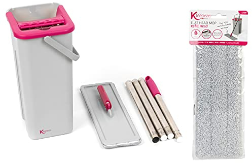 Kleeneze COMBO-7583 Slimline Flat Head Mop and Bucket Set with Refill Mop Head, Twin Water Compartment, Built in Wringer/Dirt Scraper, Pink/Grey