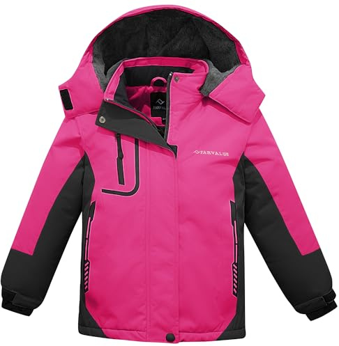 FARVALUE Girls Waterproof Ski Jacket Windproof Winter Coat Warm Snow Coat Outdoor Raincoats with Removable Hood Rose Red 8