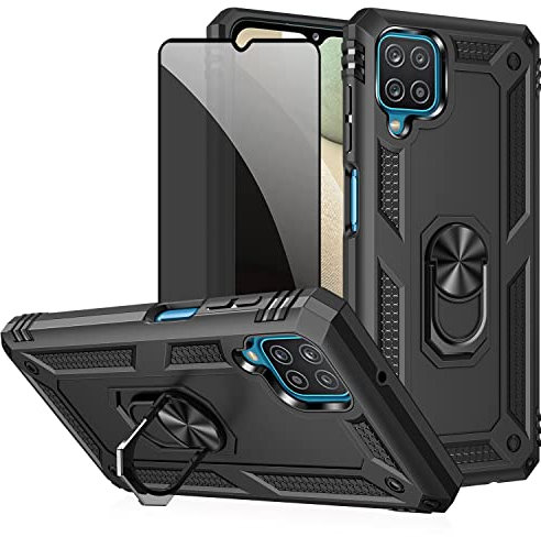 JOYTAG Schutzhülle kompatibel mit Samsung A12/M12, Schwarz, Schutzhülle mit Displayschutzfolie aus Glas, Sichtschutz