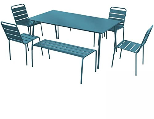 Oviala Palavas – Gartenmöbel-Set mit 2 Bänken und 4 Stühlen, Stahl, Blau