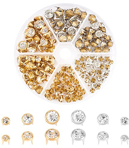 WADORN Lot de 180 clous à Rivets en Strass, 3 Tailles Strass Clous Pointes Spots Goujons Pointes Métalliques Rivets Clous Clous 6/8/10mm Griffe Perles Pointes Rivets pour Cuir Artisanat DIY Faire