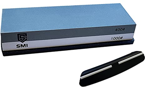 SMI Pierre a Aiguiser Affuteur Couteau Pierre à Affûter Double-Face grain 400/1000 avec Base en Silicone Antidérapant et Guide d'angle