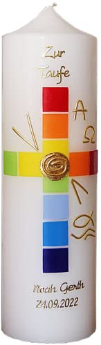Taufkerze Regenbogen, Taufkerze für Mädchen oder Jungen personalisiert.
