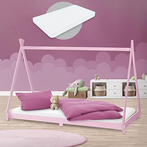 ML-Design Kinderbett Tipi 90x200 cm Rosa mit Matratze H:10cm & Lattenrost, Indianer Bett Massivholz, Kiefernholz, Hausbett für Mädchen/Jungen, Kinderhaus Jugendbett Holzbett Bettenhaus Spielbett Zelt
