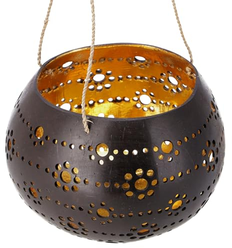 GURU SHOP Kokosnuss Teelicht zum Hängen, Dekotopf - Modell 7, Braun, 10x14x14 cm, Teelichthalter & Kerzenhalter