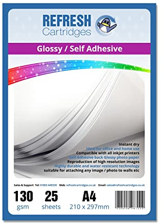 Refresh Cartridges Glossy Coated A4 Self Adhesive Inkjet Photo Paper 130gsm - 25 Sheets