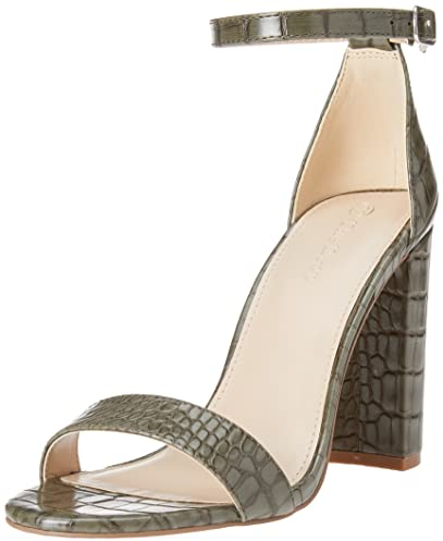 The Drop Damen Rebecca Riemensandalen mit Hohem Blockabsatz, Capers Olive Croc, 40