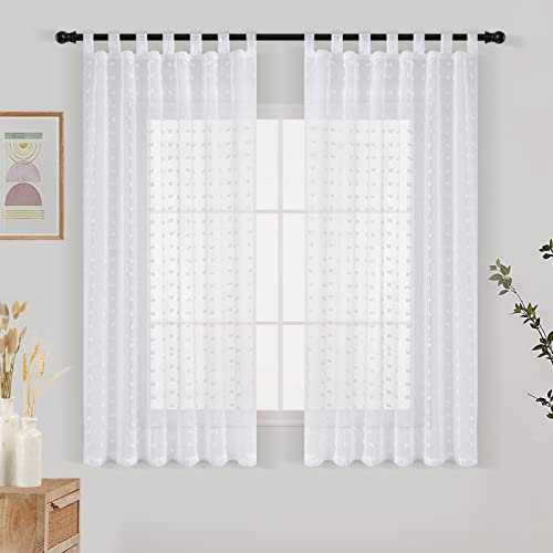 Joywell Weiß Durchsichtige Vorhänge Küche Badezimmer Pompons durchsichtige Vorhänge Gepunktete Textur Boho Semi Sheer Vorhänge Tülle 2er Set BxH 140x138