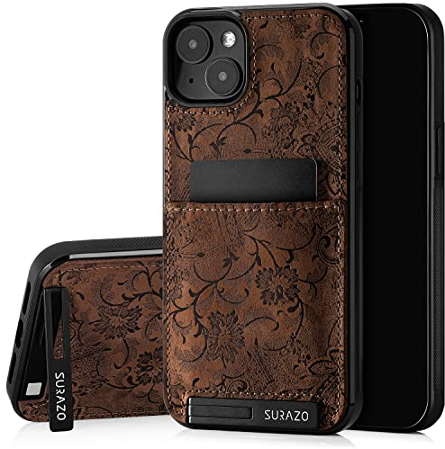 SURAZO Premium Echtleder Back case für Apple iPhone 14 Hülle – Stoßfestes Leder Handyhülle Cover mit [Kartenfach, Standfunktion, Schlüsselanhänger] Floral Slim Bumper Schutzhülle (Ornament Braun)