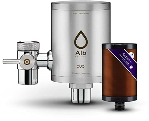 Alb Filter® Duo Active Plus+ Trinkwasserfilter | Wasserhahnfilter | Filtert Bakterien, Schadstoffe, Chlor, Pestizide, Mikroplastik. | Gehäuse und Kartusche | Made in Germany (Edelstahl Mattiert)