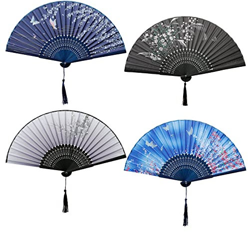 SUNYOK Folding Hand Fans, 4 Pieces Chinese Handheld Fans for Women, Silk Fabric & Carved Bamboo Hand Fan with Tassels for Gifts Dance Cosplay Props Wedding Party Wall Decoration