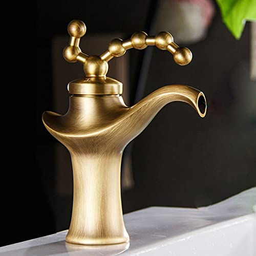 Antiker Badezimmer-Wasserhahn mit niedrigem Waschbecken aus Messing, heißer und kalter Retro-Wasserhahn, gelb
