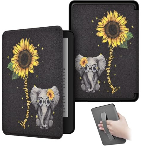 KEROM Case for 6.8 Kindle Paperwhite (11th Generation, 2021) and Kindle Paperwhite Signature Edition, PU Leather Protective Cover Case with Hand Strap, Card Slot, and Auto Sleep/Wake - Elephant