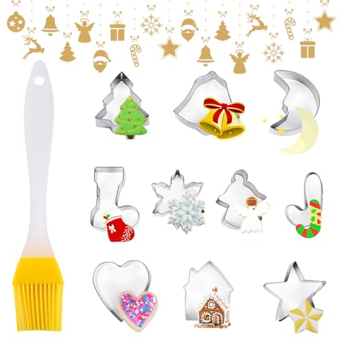 Ausstechformen Weihnachten Edelstahl,Keksausstecher Weihnachten,Edelstahl PläTzchen Ausstecher Weihnachten Fondant Set mit Silikon Backpinsel,Für Weihnachtsschokolade,Keks,Tortendekorationen,11 Stück