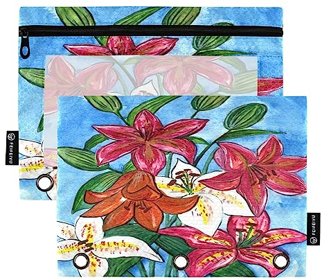 Mnsruu Lily Flower 3-Ring-Bleistiftbeutel mit Reißverschluss, transparentes Fenster, Schreibwaren-Tasche zur Aufbewahrung von Schul- und Bürobedarf, 2 Stück, mehrfarbig, Einheitsgröße, Beauty Case