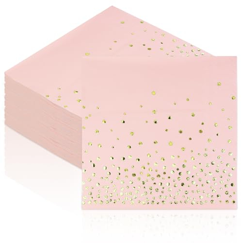 Rosa Servietten, Goldfolie Party Papierservietten 80 Stück Abendessen-Servietten 33x33cm Cocktailservietten für Valentinstag, Brautparty, Hochzeitsfeier, Mädelsparty, Geburtstag