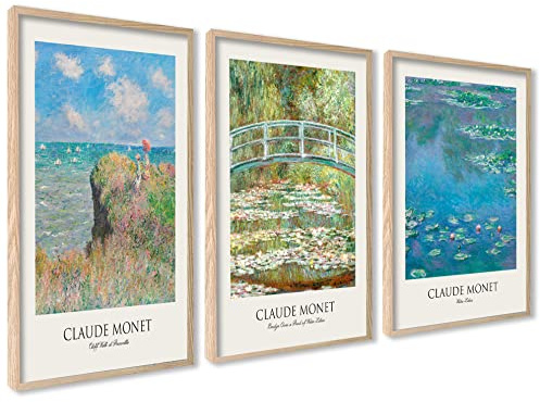 3er Set Poster 40x50cm Mit Rahmen Holz Wanddeko Wohnzimmer Modernes Design | Claude Monet Botanische Wasserlilien Paintings Wanddeko Wall Art., Ideal als Geschenk, Hochwertige Qualität, Einfache Montage