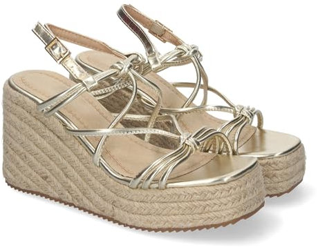 shoes&blues.es 82244-Sandalias de Cuna de Yute, para Mujer con Adornos Cruzados y Hebilla Ajustable, Diseno Elegante, Faciles de Combinar.. Talla 39 Oro