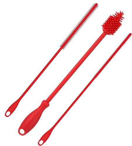 3pcs Straw Cleaner and Bottle Brush for Cleaning, Silicone Straw Cleaning Brush Reusable Long Small Thin Bottle Cleaner Tool BPA-Free Hanging Flexible Bottle Washing Accessories for Glassware (Red)