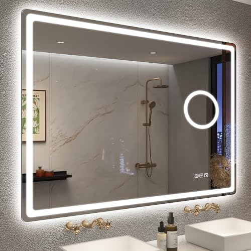 STARLEAD Badspiegel-mit-Beleuchtung 100x70cm, 5X Lupe und Bluetooth, Dimmbar, 3 Farbtemperaturen 3000K-6500K, Entfoggen, Speicherfunktion, IP44 Badezimmerspiegel, HD Hartglas, Horizontal/Vertikal