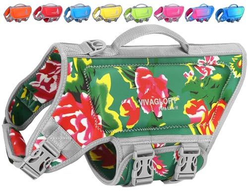 VIVAGLORY High Buoyancy Schwimmweste Hund, Rettungsweste, Hundeschwimmweste für Bootfahren, Schwimmhilfe & Auftrieb, XS, Nordwest Blumen-Grün