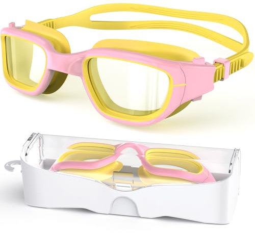 Zeligerstar Kinder-Schwimmbrille, Schwimmbrille für Kinder von 6–14, Anti-Beschlag, UV-Schutz, Poolbrille für Jungen und Mädchen (gelb/rosa + klare Gläser)