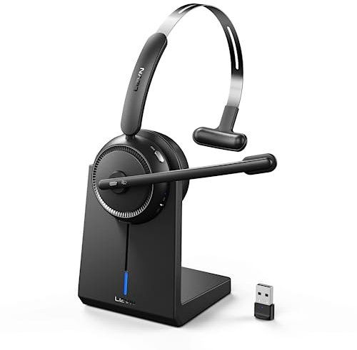 LEVN Auriculares inalámbricos, auriculares Bluetooth con micrófono con cancelación de ruido, 65 horas de tiempo de trabajo, auriculares inalámbricos con base de carga, adecuados para centro de