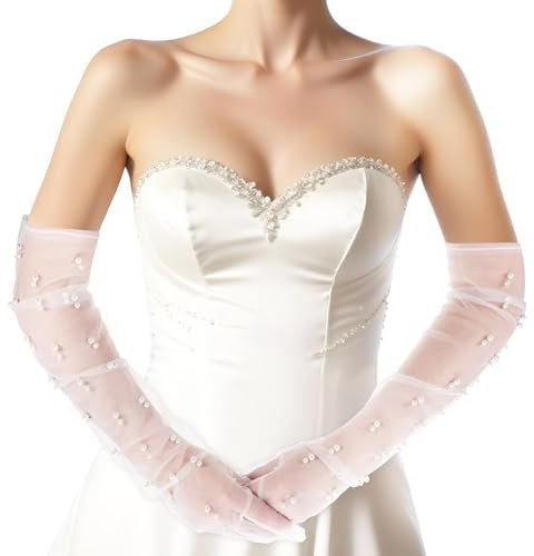 Xthrotsenk 1 Paar Weiße Tüll Handschuhe Lang Brauthandschuhe Damen Transparent Netzhandschuhe Perlen Tüllhandschuhe für Hochzeit Halloween Weihnachten
