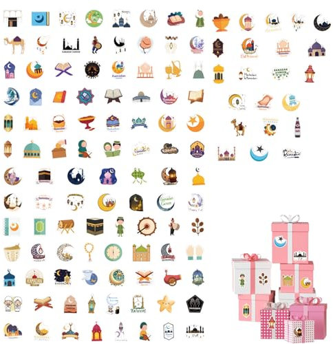 Premium Ramadan Aufkleber Blatt Islamische Sticker Set- 120 Verschiedene Eid Mubarak Sticker - Perfekte Ramadan Deko und Eid Mubarak Box Dekoration