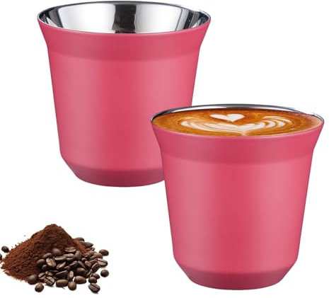 Pasdrucn 2er-Set Edelstahl Espressotassen Dickwandig, 80ml, Zylindrisch, Isoliert, Wiederverwendbar, 6,2 x 6,2 x 6,2 cm, Rosa