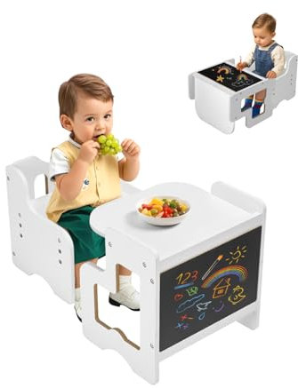 VEVOR 3 en 1 Juego de Mesa y Silla Montessori para Destete con Pizarra, Mesa Montessori de Altura Ajustable 380 x 316 x 400 mm para Leer, Dibujar, Comer y Jugar para Niños de 1 a 5 Años, Blanco