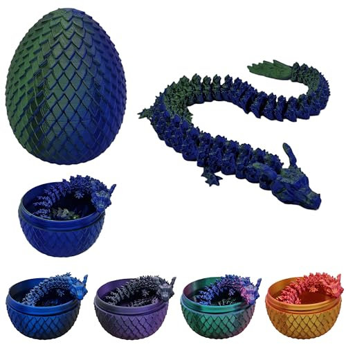 3D gedrucktes Drachenei mit Feuerdrache I Herstellung Deutschland I voll beweglicher Drache mit flexiblen Gelenken I ideal als Dekoration (blau/grün)