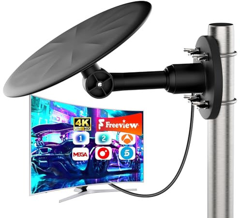 Antena TV Exterior 2025 Mejorada - Antena Digital HD 720° Omnidireccional, DVB-T/T2, 4K/1080P, Cable 10m, Fácil Instalación para Tejados, Balcones y Exteriores (Negro)