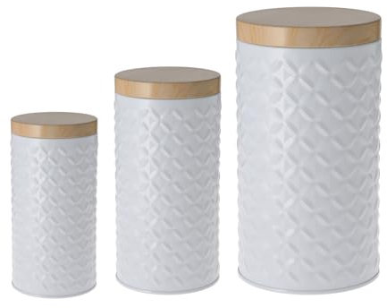 HAC24 3er Set Metall Aufbewahrungsdosen mit Deckel in Holzoptik 0,25/0,5/1 l Vorratsdosen Vorratsbehälter (Weiß)
