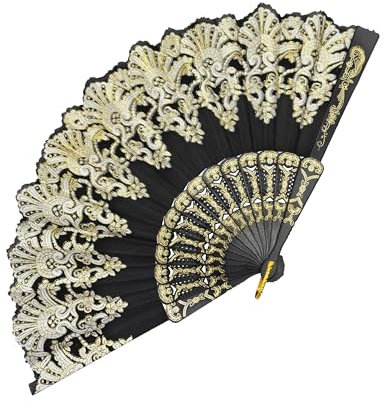 Handfächer, Fächer Hochzeit, Fecher Damen, Handfächer Stabil, Hand Fan, Fächer Faltbar mit Golddruck für Sommerpartys, Rollenspiele, Tanzvorführungen, Hochzeits Dekorationen (Schwarz)