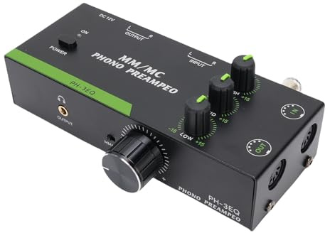 Jectse Preamplificador de Fono, Amplificador de Tocadiscos con Ajuste de 3 Bandas, Compatible con Cartuchos MM MC, Entrada y Salida XLR, Amplificador de (EU Enchufe 100‑240V)