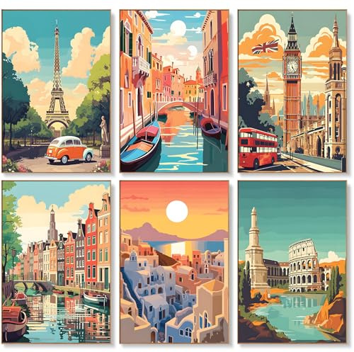 6 Pack Paint by Numbers for Adults, Vintage Travel Cityscapes, 8x12 Inch | Acrylic Number Painting Set, DIY Canvas Art Craft Kit, Beginner Friendly, Home Wall Decor, Stress Relief Relaxing Hobby Gift