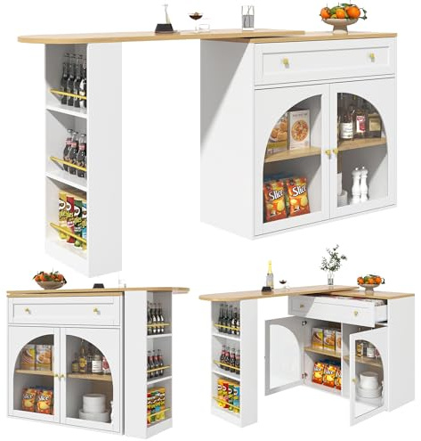 KecDuey Ausziehbarer Esstisch,Ausziehbarer Bartisch mit Stauraum(138-204×39×104cm),360° drehbare Essbar,Moderner Beweglicher Bar Table,Hochtisch Kücheninsel Bistro Table,mit Regalen und Glas (Weiß)
