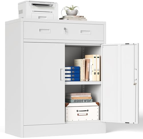 Aktenschrank, Mehrzweckschrank, Schrank abschließbar, Weiß, 90 * 80 * 40cm | Büroschrank mit 2 Türen, Aufbewahrungsschrank Stahl, 1 Schublade und 1 Verstellbarer Einlegeboden für Büro,Garage,Wohnzimmer