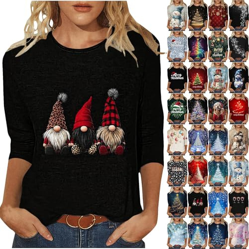 KUIH Christmas Tops for Women Novelty Funny Xmas Tees Elk Snowman Print 3/4 Sleeeve Blouse Lightweight Christmas Tree Jumper Holiday Crewneck Tunic Tops Fashion Tshirts for Work Office Party