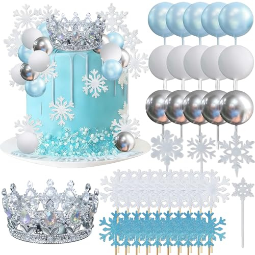 Schneeflocke Tortendeko, 40 Stück Prinzessin Kuchen Topper Deko Krone Mini-Ball Cake Topper Set, Happy Birthday Topper für Geburtstag Mädchen Party Kuchen Dekoration Supplies