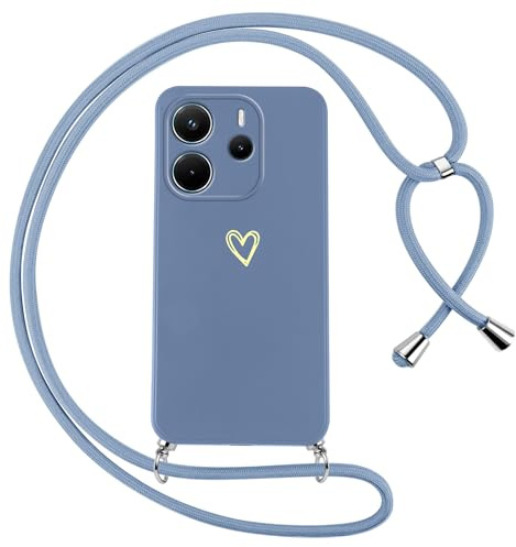 Oelrstfe Funda para Xiaomi Redmi Note 14 4G con Cuerda,Carcasa Silicona Suave con Patrón de Corazón con Correa Cordón Colgante Collar Ajustable,Antigolpes Anti-Arañazos Cuello Cadena Case,Azul