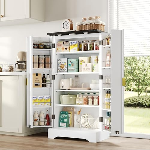 BXEYXE Küchenschrank mit LED-Sensorlicht und Gewürzregal, Großzügiger Doppeltür-Schrank mit Verstellbaren Regalböden und Modernem Türdesign – Weiß, 120 x 60,5 x 40 cm