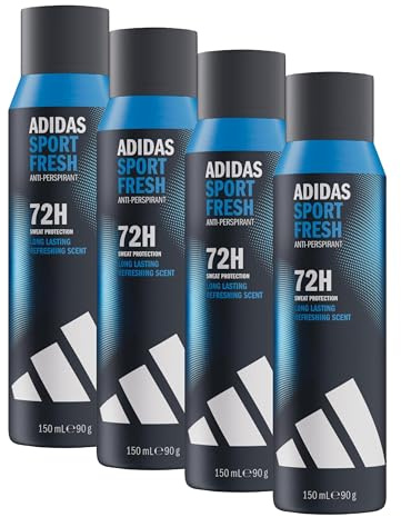 adidas Déodorant spray anti-transpirant Sport Fresh pour homme, Parfum frais, Protection 72 heures, Doux pour la peau, Formule vegan, 150 ml (Lot de 4)